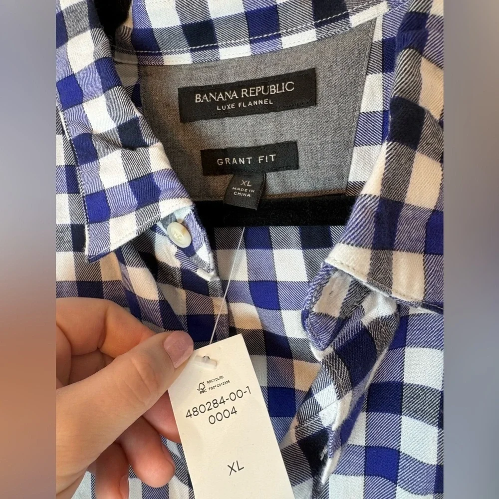 Banana Republic Grant Fit Luxe Flannel Shirt Men’s XL Blue White Checkered - Picture 2 of 8